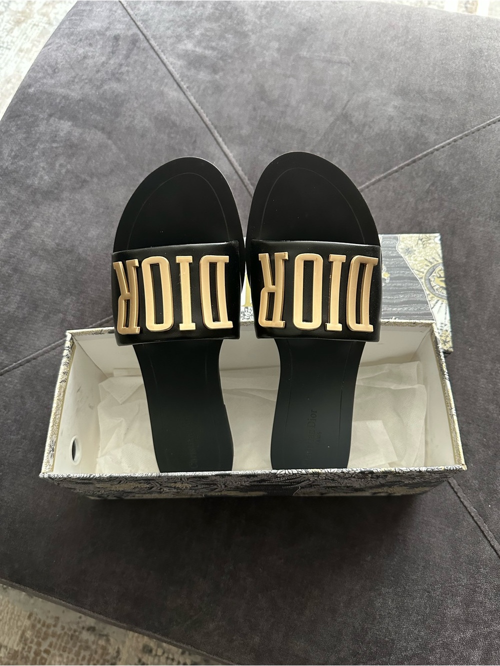 Black Slide Sandals with Gold Logo